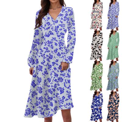 Women's Casual Fashion Floral Print V-neck Long Sleeve Waist Long Dress