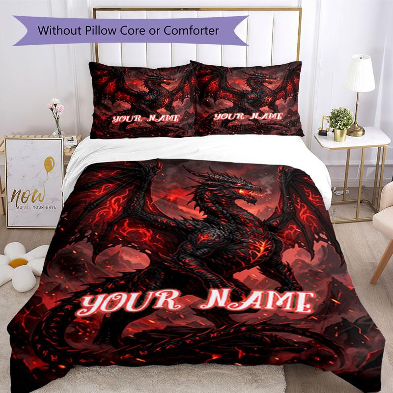 3PC Custom Name Dragon Artwork Bedding Set Duvet Cover Closure Includes 1 Duvet Cover & 2 Pillowcases for Bedroom
