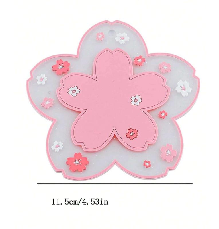 4pcs Sakura Silicone Cup Mat PVC Table Mat Insulation Mat Bowl Mat,Thermal insulation and heat-resistant pad (as the picture,L)