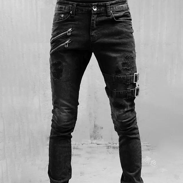 Europe And The United States Fashion Biker Stretch Jeans Zipper Decoration Slim Jeans