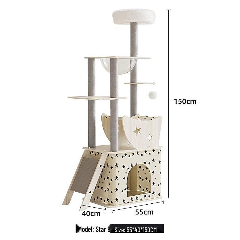 Large Wooden Cat Tree & Scratching Post with Space-Saving Design - Integrated Climbing Frame & House