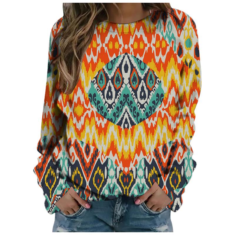 

Весна Осень Элегантные Дамы Женские Бохо Свободные Повседневные Модные Линии Текстуры Напечатанные Футболки Длинный Рукав Топ 6XL