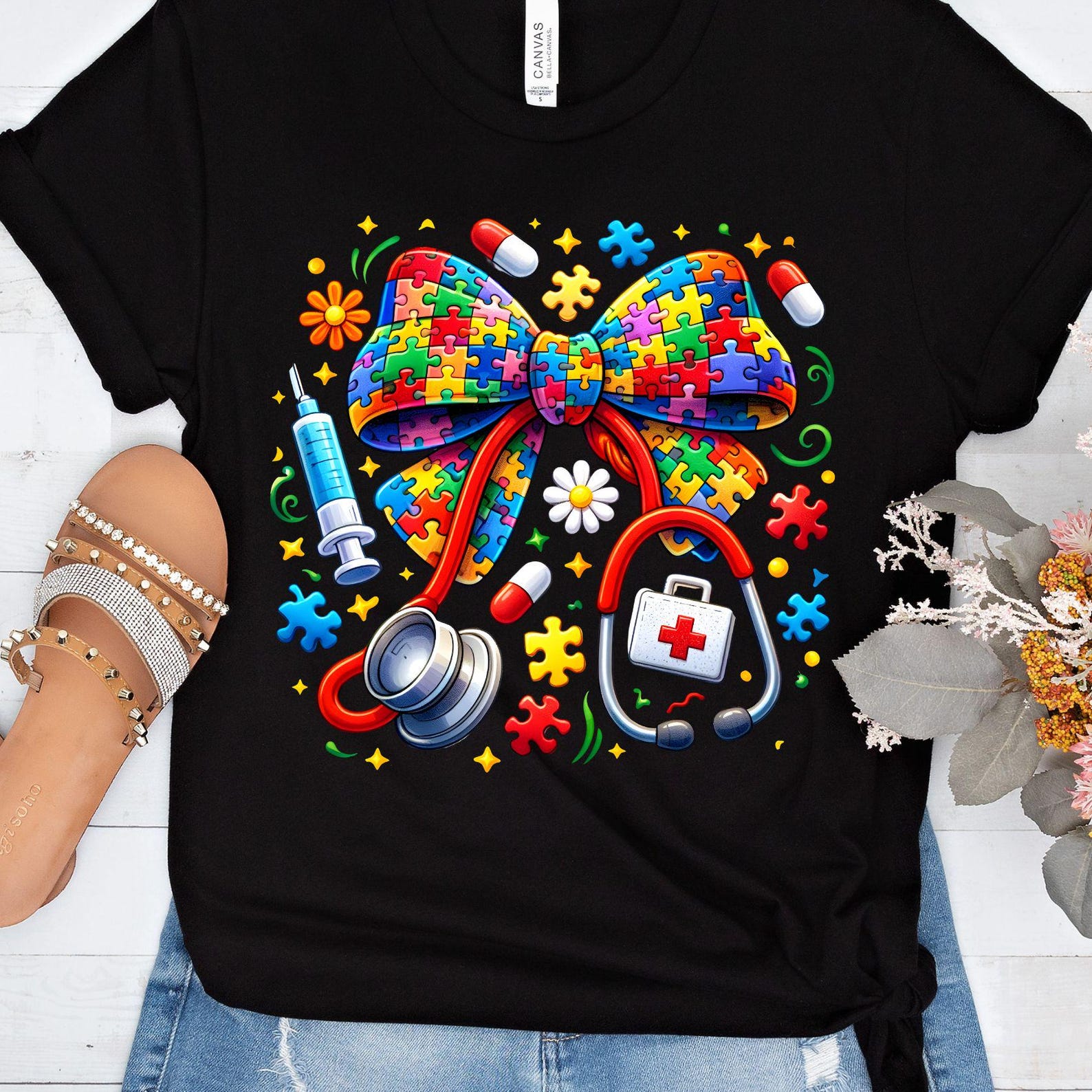 Autism Puzzle Bow Stethoscope T-Shirt | Nurse Medical Awareness Tee, 11 colors M