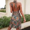 Women Summer Floral Halter Neck Sleeveless Pleated High Waist Necklace Dress