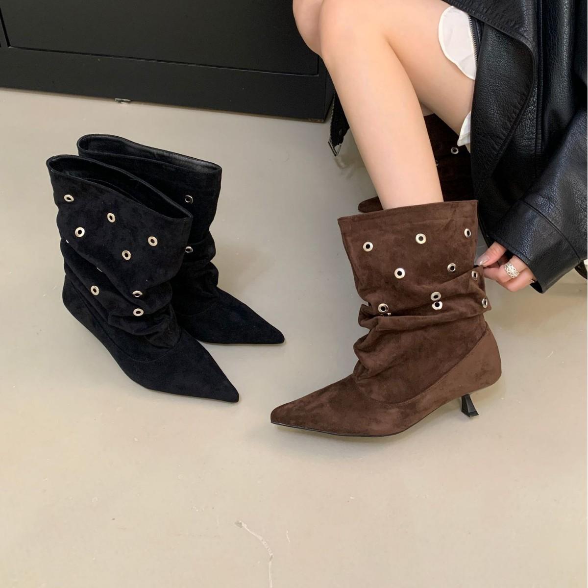 

2025 autumn and winter new pointed head low tube short thick heel thin Martin low tube fashion Chelsea women s short boots 40 коричневый