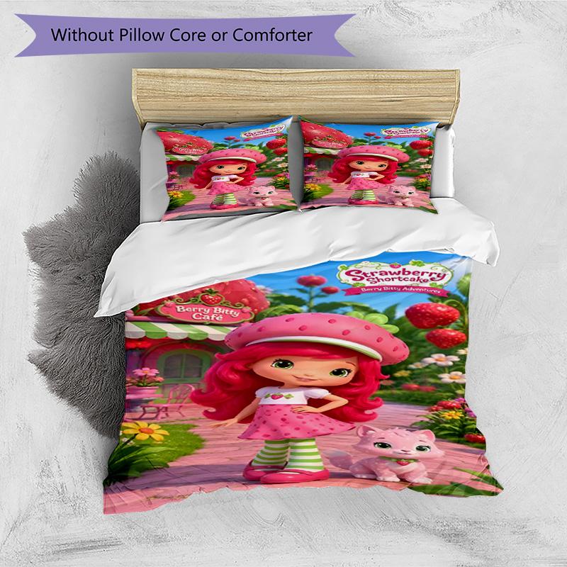 Set cuvertură de pilota 3 buc (1 * Husă de pilota + 2 * Față de pernă, Fără Miez), Set de așternut cu imprimeu Strawberry Shortcake, Decor pentru dormitor, Pentru toate anotimpurile, Cadou de ziua de naștere