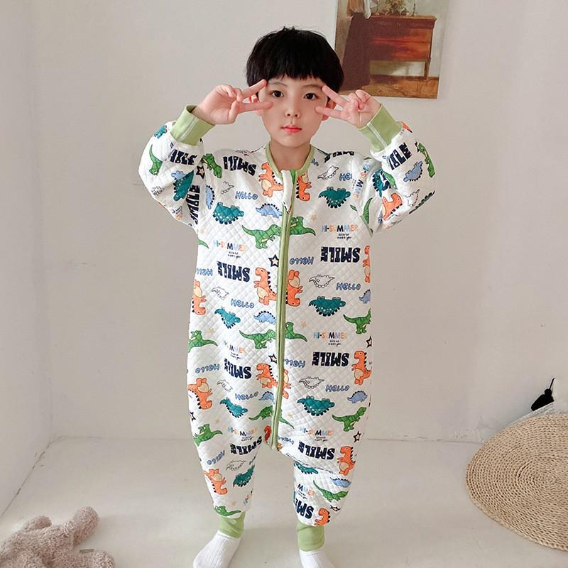 Kids Cotton Sleepsuit With Leg Separation Warm Winter Pajamas Anti-Bacterial Unisex Toddler Sleepwear