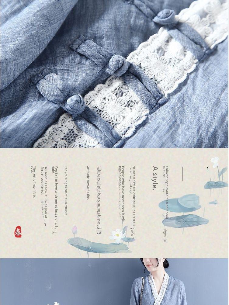 Damska koszula z bawełny i lnu z koronką i rękawem trzy czwarte, styl retro wiosna/jesień 2024 z asymetrycznym kołnierzykiem i guzikami