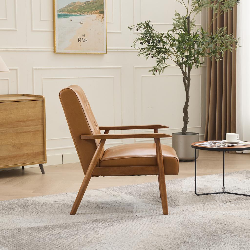 Genuine Leather Lounge Chair with Walnut-Colored Armrests & Rubberwood Legs – Comfortable Living Room Chair In Light Brown