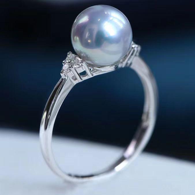 Inel Minimalist Reglabil Argintiu Gri Albastru Perla Diamant