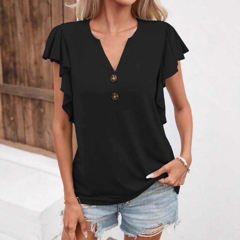 Women's V Neck Lotus Sleeves Elegant Women's Short Sleeve Top T-shirt