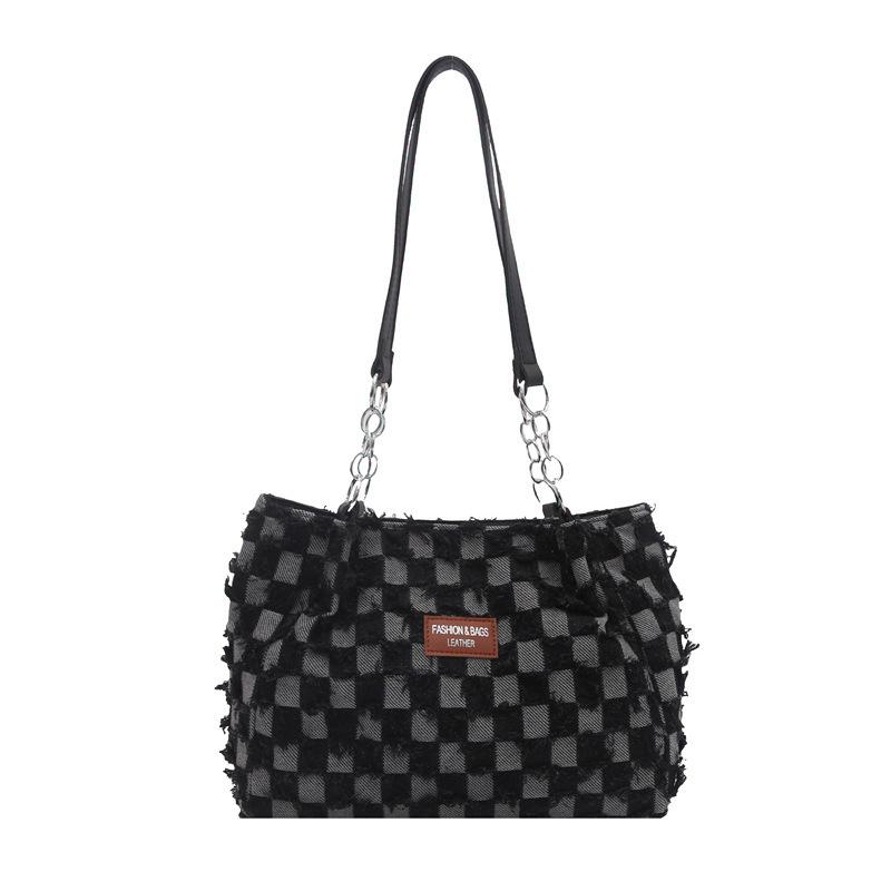 2025 autumn and winter plaid niche bucket bag dumpling bag denim shoulder underarm bag versatile tote women's bag