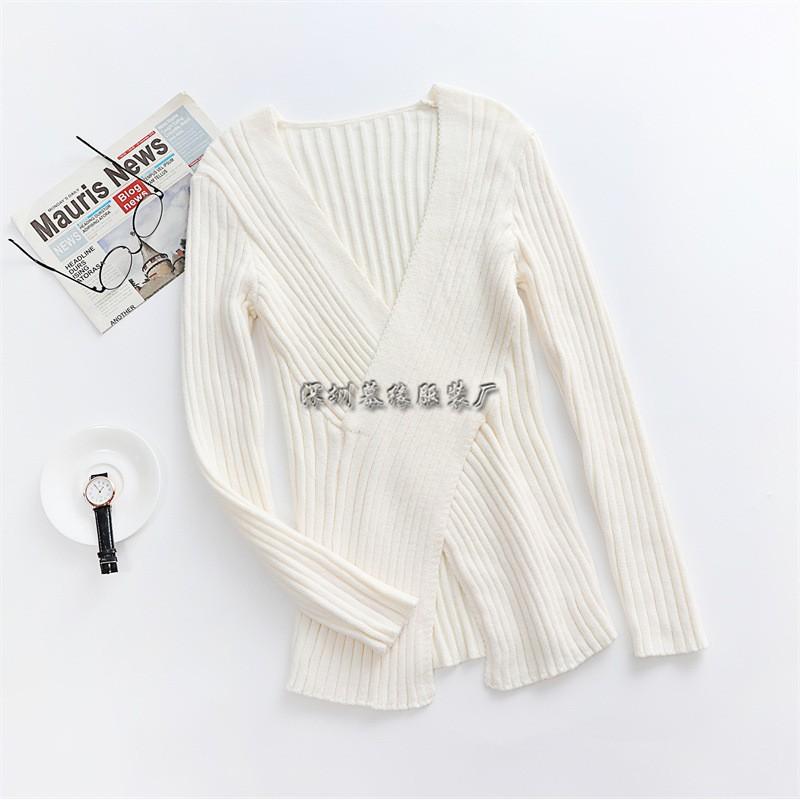 Womens V-Neck Knit Sweater Loose Fit Long Sleeve Solid Color Pullover Winter