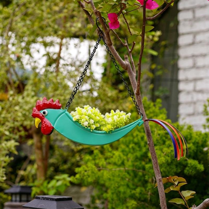 Iron Hanging Flower Pot Colorful Rooster Planter with Wide Planting Container and Chain System for Off-Floor Flower Displays on Patios and Porches