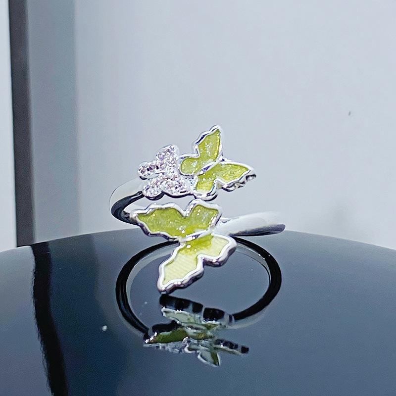Grüner Emaille Öltropfen Schmetterling Blume Zir*****Stift Ring Klein Frisch Leichter Luxus Hoher Sinn Ring Frau