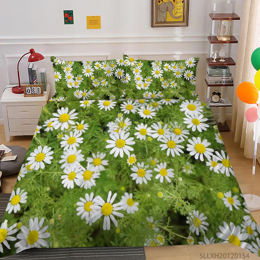 3D Printing Household Bedding Set Chrysanthemum Printing Pillowcase and Quilt Cover 2/3 Pieces of Plant Microfiber Comfortable Household Bedding