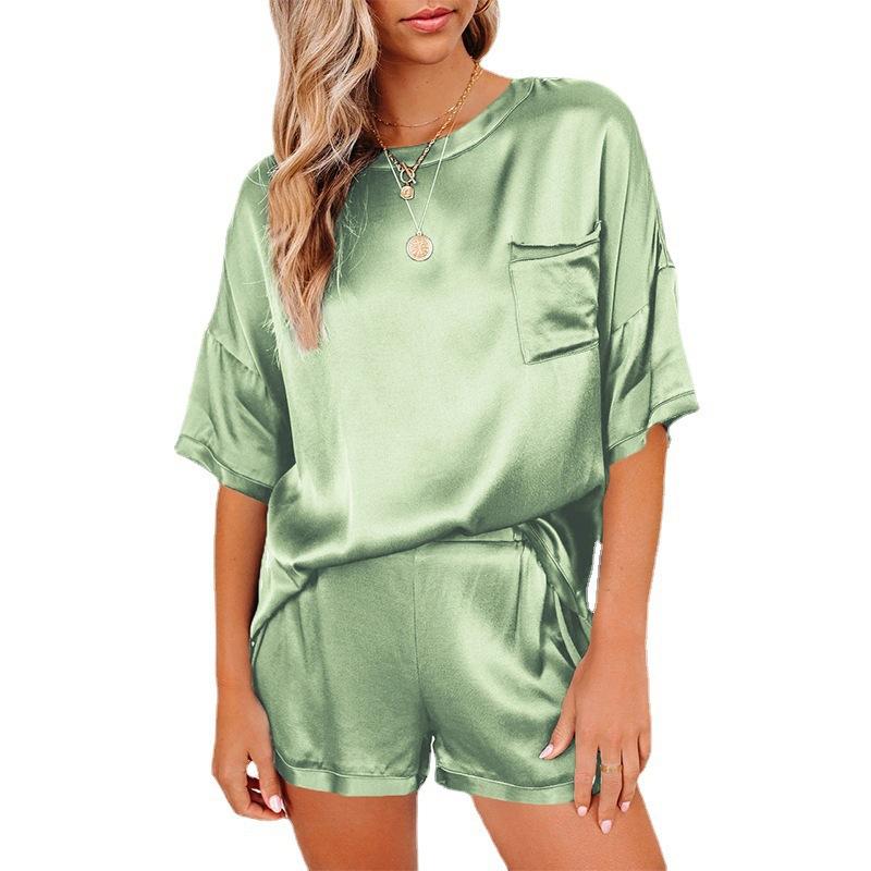Camiseta de verano para mujer, traje de pijama, ropa de dormir de gasa de Color sólido, camiseta de manga corta, pantalones, camisón informal suelto, traje de dos piezas