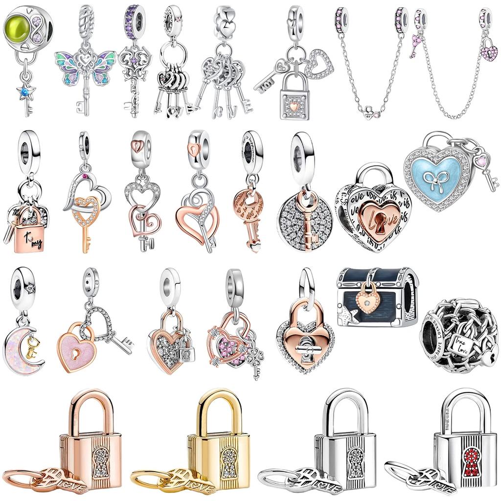 925 Silver Heart Lock Key Charm Pendant for Bracelet Jewelry DIY Gift Dangle Beads Keychain