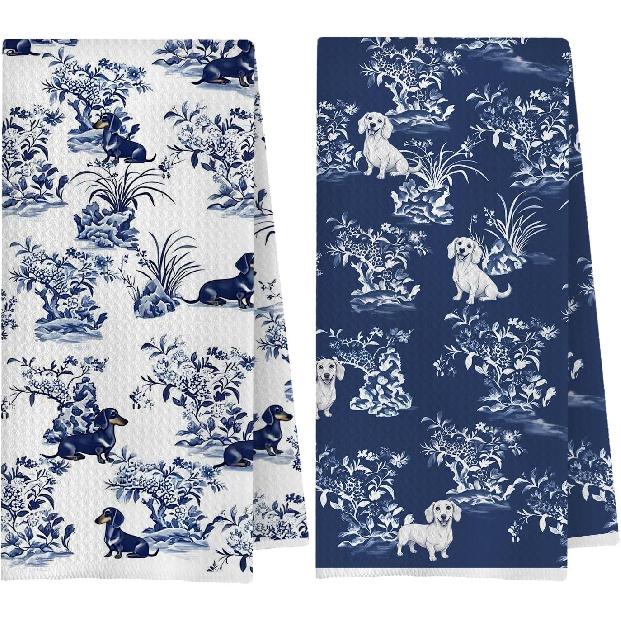 Chinoiserie French Bulldog Kitchen Towels, Gifts for French Bulldog Lovers Dish Tea Towels, Blue and White Frenchie Dog Decorative Hand Towel for Dachshund