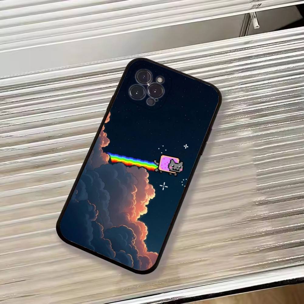Cute N-Nyan Cat Phone Case For iPhone 17,16,15,14,13,12,11 Plus,Pro Max,XS,Soft Silicone Black Cover