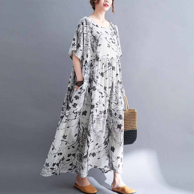 Summer Chubby MM Loose Slimming Printed Cotton Linen Short Sleeved Dress for Women