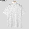 INCERUN T-shirt d'été à manches courtes et col à revers pour homme, en dentelle et maille transparente, avec perspective