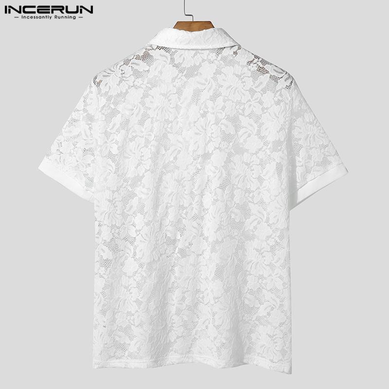 INCERUN T-shirt d'été à manches courtes et col à revers pour homme, en dentelle et maille transparente, avec perspective
