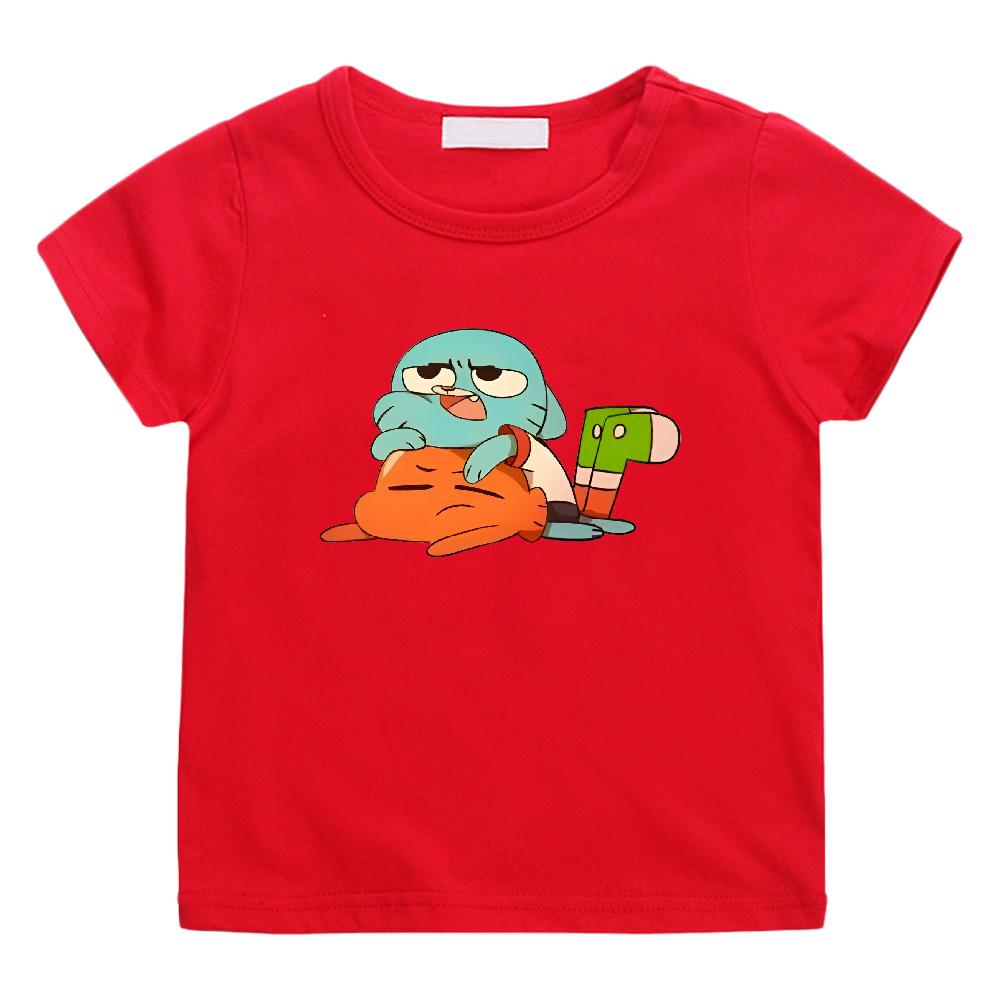 

Anime Print Casual T-shirts Kids The Wonderfully Weird World of Gumball 100%Cotton Tees Boys Girls Tops Children Fun Cartoon Tshirts Summer clothes 100 красный
