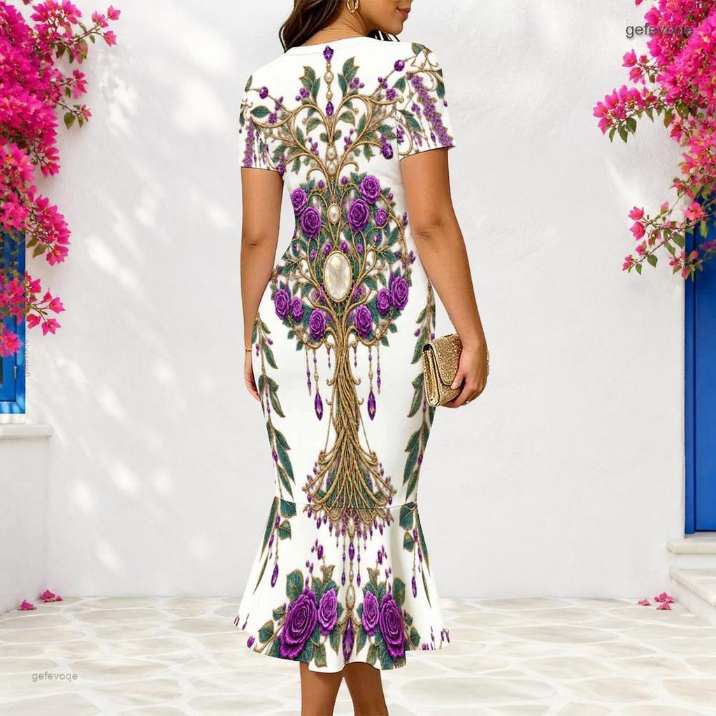Women Plus Size V Neck Short Sleeve Fitted Black Printed Fishtail Dress