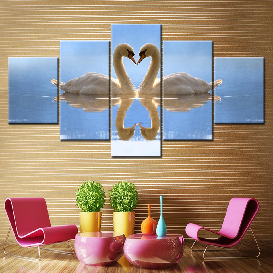 

Canvas Painting Two swan lake blue water reflection 5 Pieces Wall Art Painting Modular Wallpapers Poster Print Home Decor 20x35 20x45 20x55cm