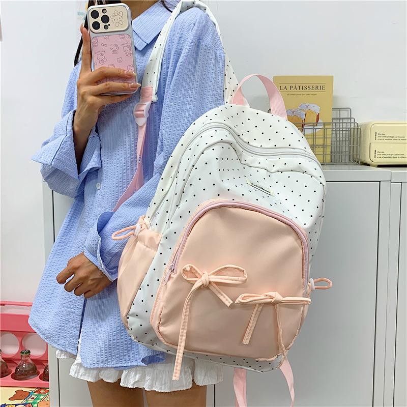 Schoolbag cute sweet girl backpack female student class schoolbag Korean college style bow polka dot backpack
