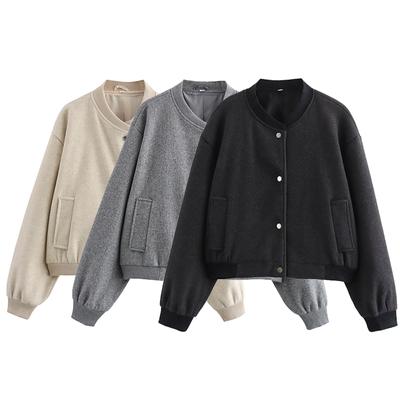 Women Fashion Solid Single Breasted Bomber Jackets Coat Vintage O-Neck Long Sleeves Female Chic Lady Outfits