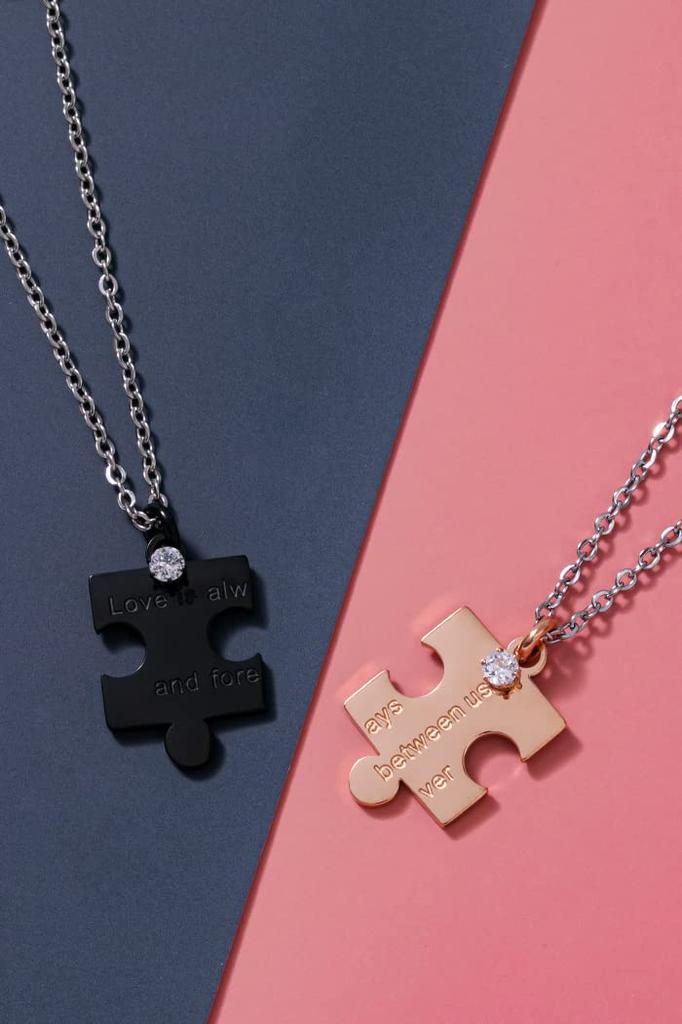 Pair Necklace Couple Present Stainless Steel Jewelry Necklace Puzzle [felicitations] Men's Women's BR-J068 (Silver & Silver)