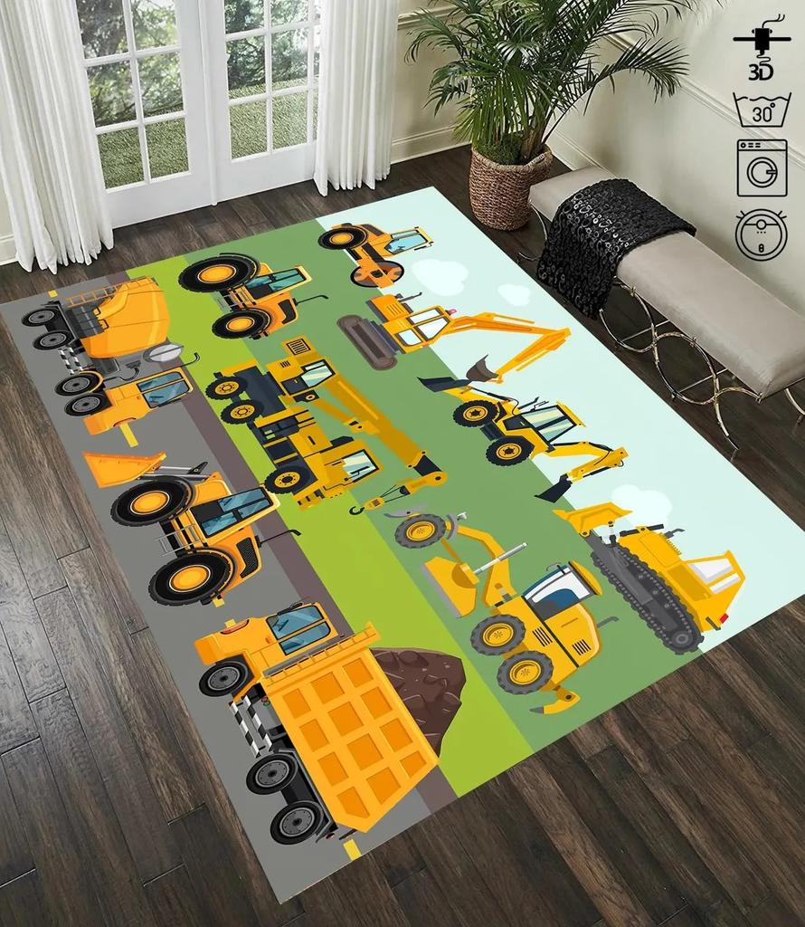 Construction Truck Area Rug – Kids Vehicle Themed Carpet – Non-Slip Floor Mat for Kids Bedroom,Playroom & Construction Fan Decor