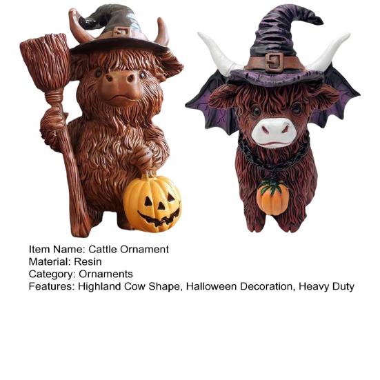 2Pcs Halloween Highland Cow Resin Figurine Wizard Hat Pumpkin Broom Cattle Statue Sculpture Holiday Party Decoration Ornament