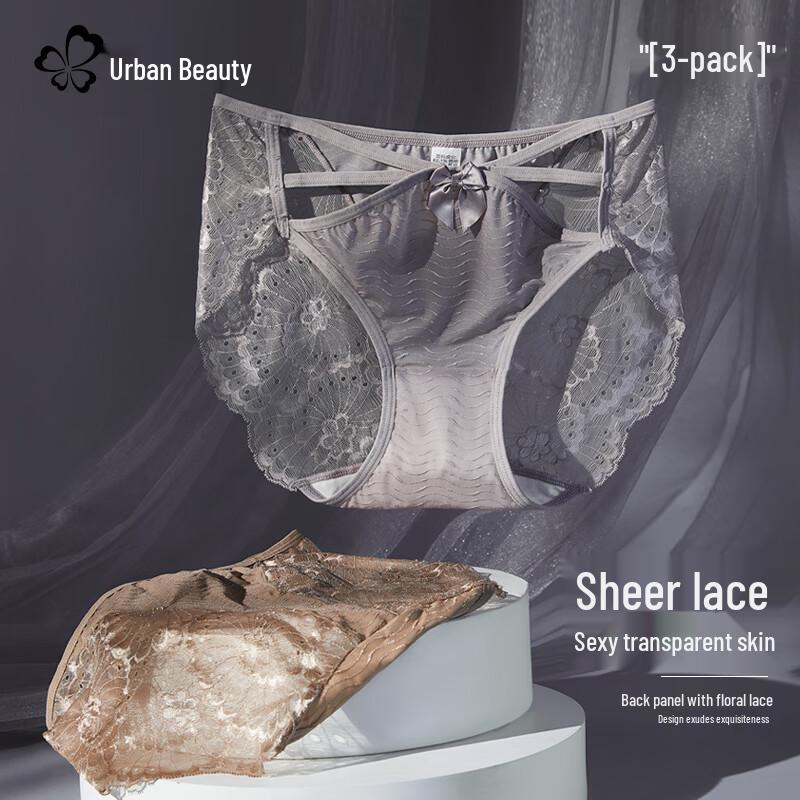 Urban Beauty Women's Lace Bow Hollow Mid-Waist Lingerie 3-Pack
