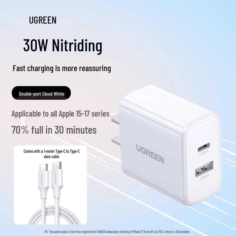 UGREEN 30W Dual-Port Charger for iPhone 15/13, iPad, Huawei, Android