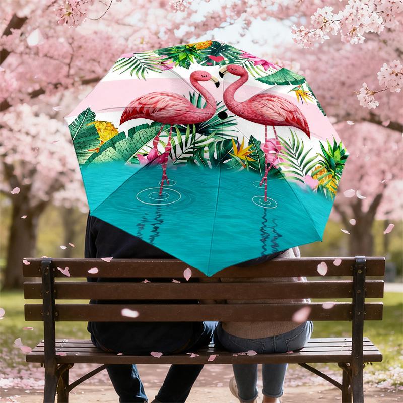 1pc Flamingo Tropical Automatic Folding Umbrella, Heavy Duty 8 Rib Iron Frame,  Suitable for Travel, Daily Use, Birthday, Decor Gift m0104045