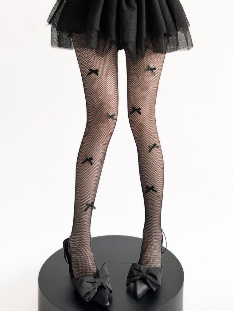 

Women Sexy See-through Black Fishnet Pantyhose Japanese Style JK Uniform Cos Kawaii Bowknot Long Socks Ladies Slim Mesh Tights One Size чорний