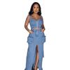 Stylish Denim Suit with Exposed Navel Zipper Top & Multi-Pocket Split Long Skirt