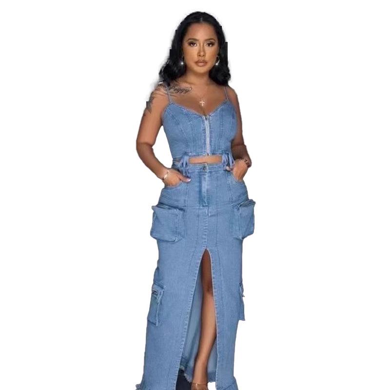 Stylish Denim Suit with Exposed Navel Zipper Top & Multi-Pocket Split Long Skirt