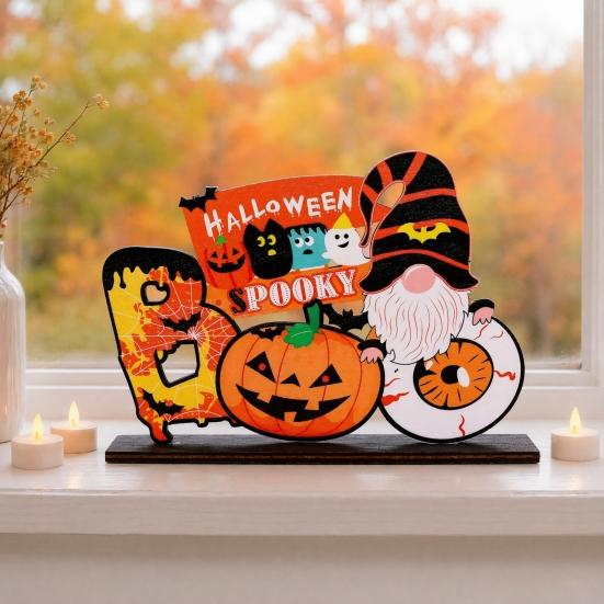 Wooden Halloween Ghost Pumpkin Figurine, Rustic Table Decor for Home Party, Spooky Shelf Decoration for Fall