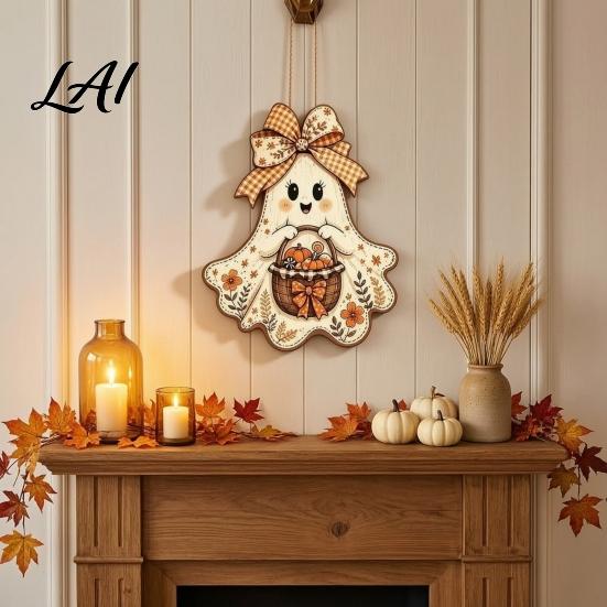 Wooden Ghost Wall Decor Cute Bow Hanging Sign Rustic Retro Floral Door Sign with Pumpkin Harvest Art Basket Vintage Halloween Pendant for