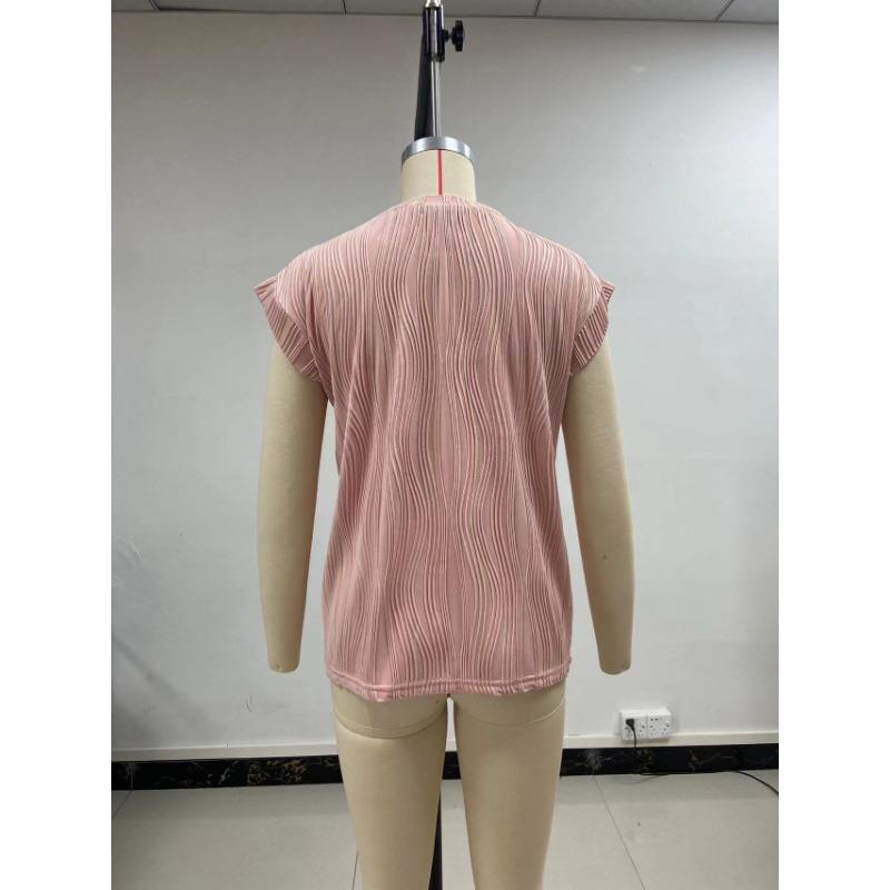 Round Neck Short Sleeved Textured T-shirt Top for Women