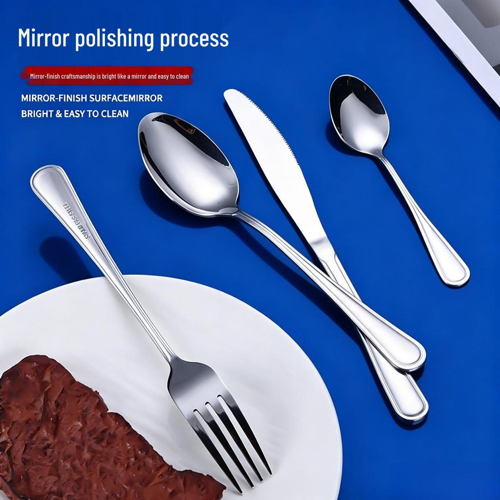410 Stainless Steel Four-Piece Cutlery Set: Knife, Fork, Spoon - Single/Double Line for Home or Hotel Dining
