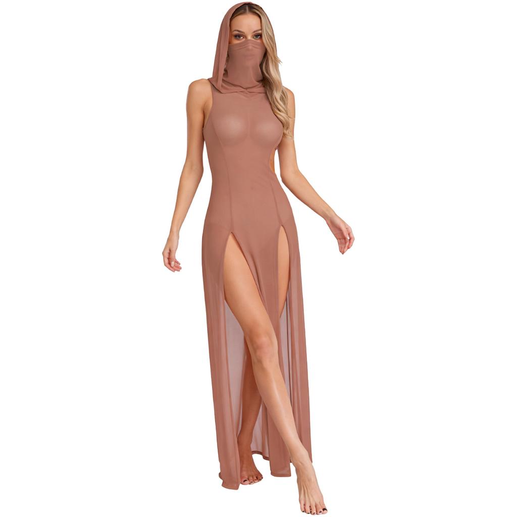Women Sleeveless Gothic Hooded Dress High Split Sheer See-through Long Rave Night Club Outfit