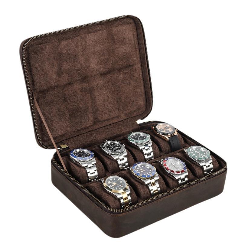 Retro Crazy Horse Rindsleder Tragbare Armbanduhr Aufbewahrungsbox - Achtteiliges Echts Leder Uhrenetui