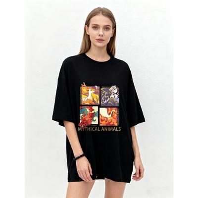 Koszulka oversize z nadrukiem mitycznych zwierząt z czterema legendarnymi stworzeniami i tekstem do noszenia na co dzień, streetwearowy wyraz mody