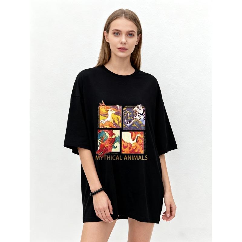 

Oversized T Shirt Black Mythical Animals Print With Four Legendary Creatures And Text For Casual Wear Streetwear Fashion Statement XXXXL чёрный