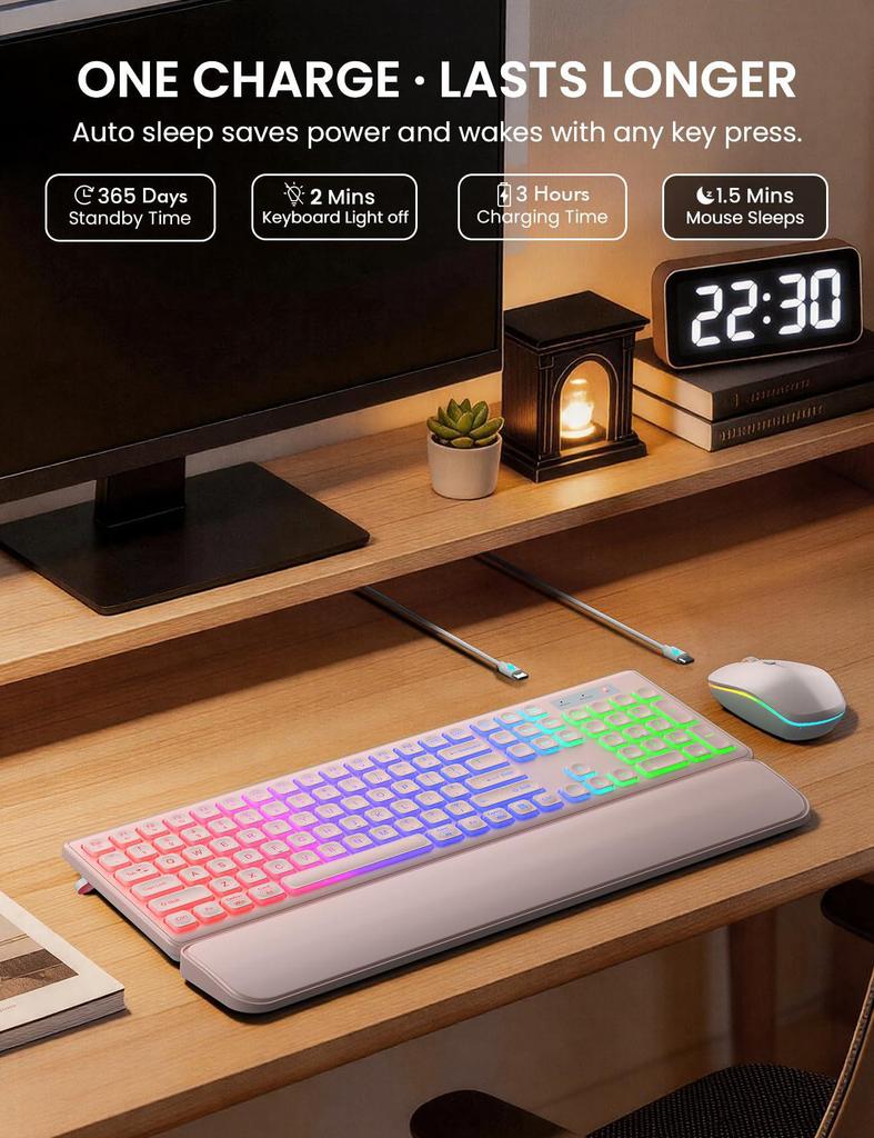 Rechargeable RGB Backlit Wireless Keyboard & Mouse Combo with Ergonomic Tilt Keys